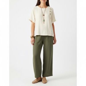 Truth + Style $52 Cream Asymmetrical Button Front Mixed Media Blouse L EUC